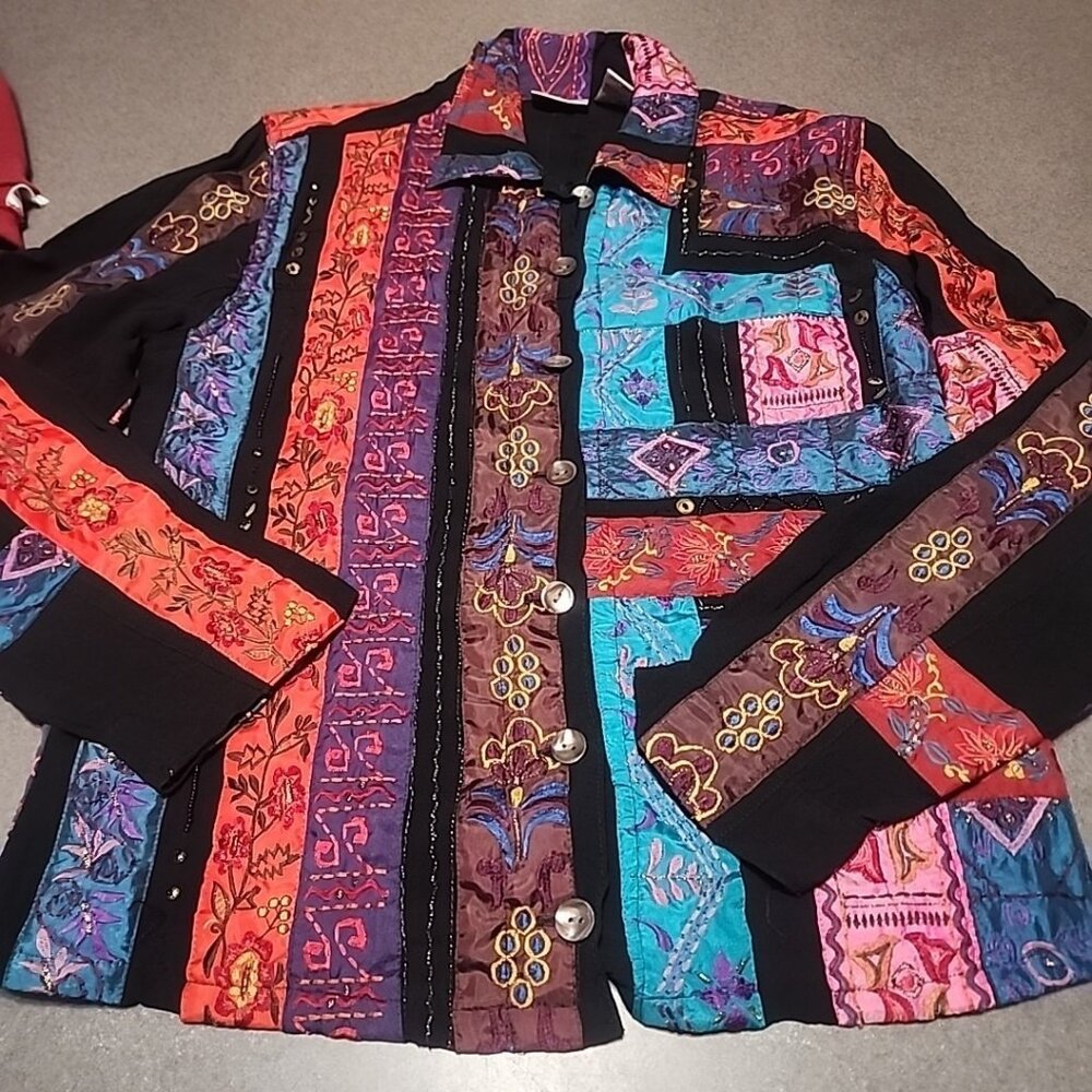 Chicos Womens Patchwork Embroidered Button-Up Jac… - image 1